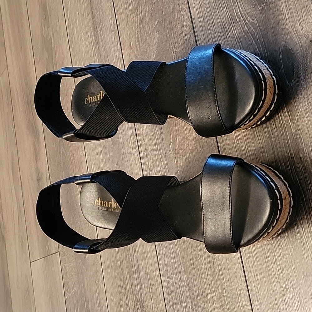 Charles by Charles David wedge sandal. Size 7. Black and Nuetral colors.